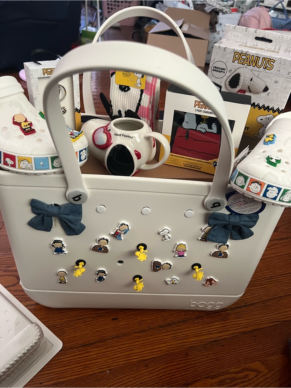 BOGG BAG White Tote with Black Bows and Peanuts Charms - Picture 5 of 5